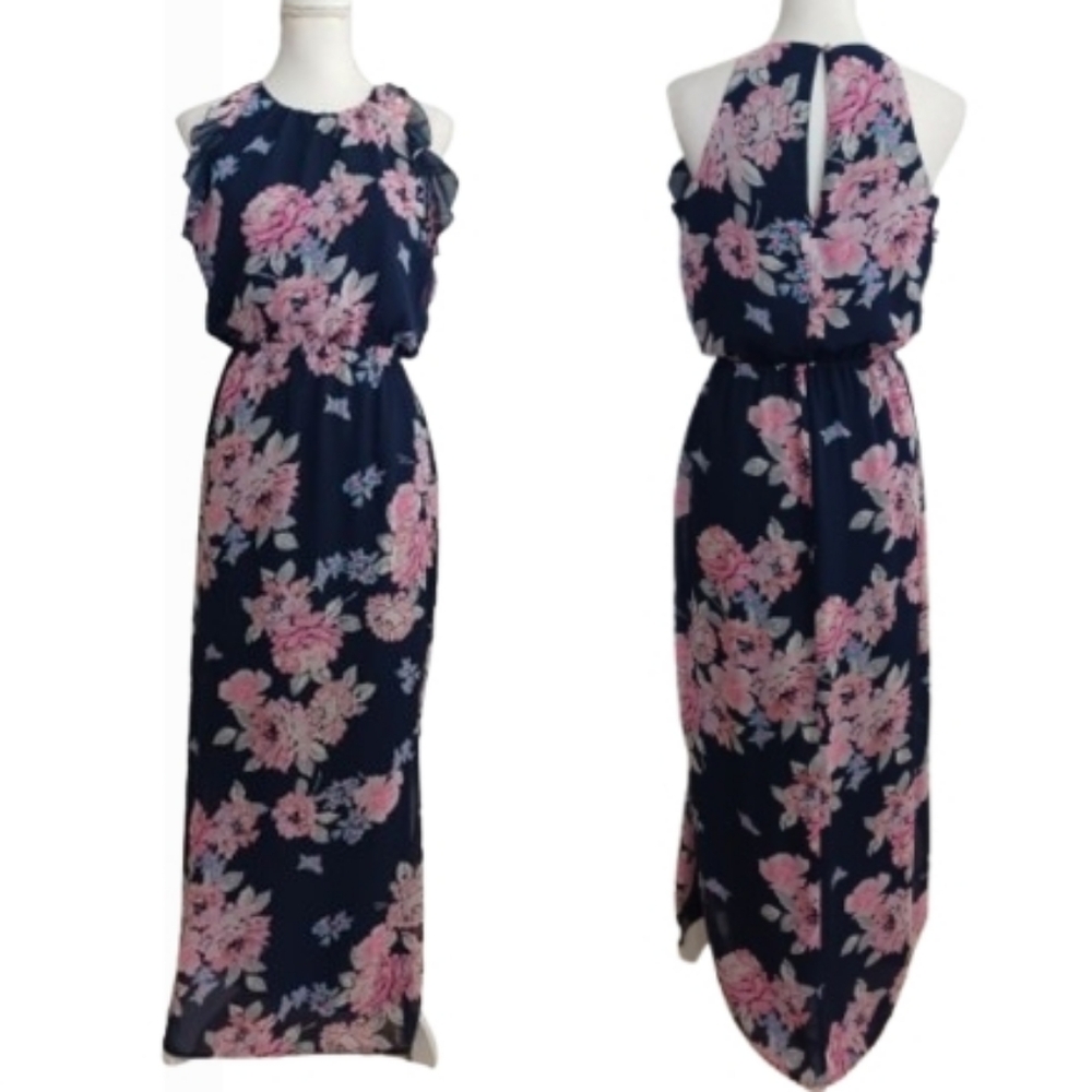 Old Navy Floral Blue and Pink Maxi Ruffle Halter Dress Modest Slit Feminine Gown